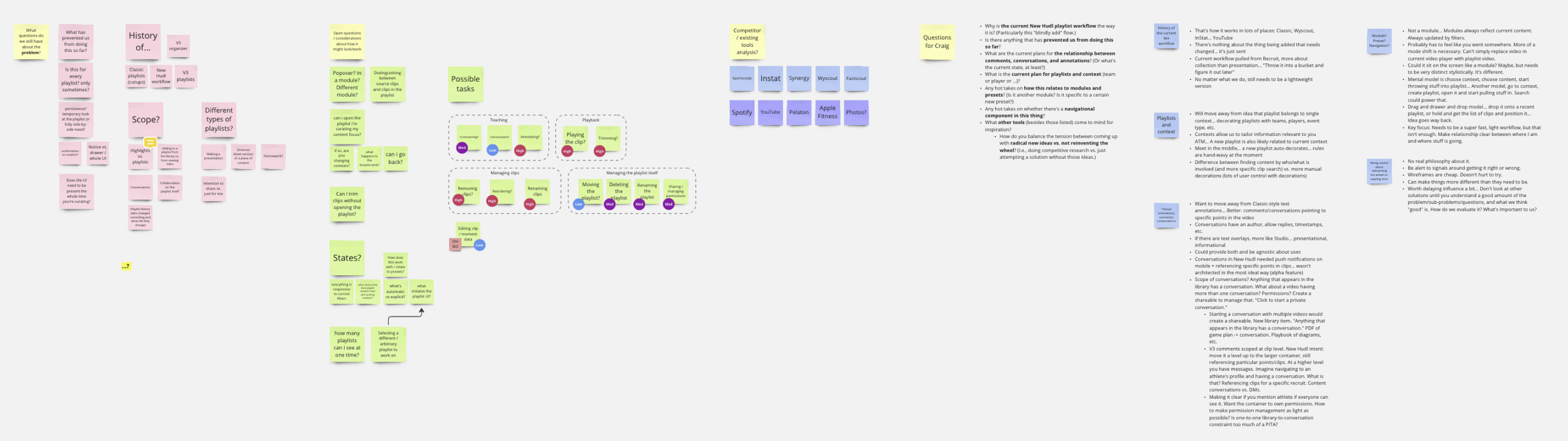 A whiteboard in collaboration tool Miro. It has several stickies in different colors and several blocks of longer text.