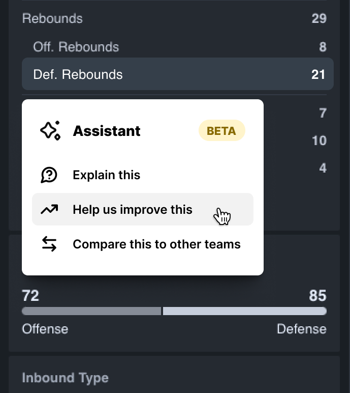 An interface showing a expanding menu with different options for getting insight from an AI or large language model tool.