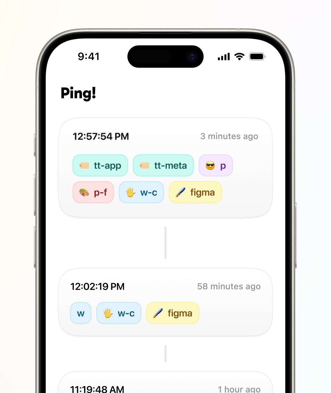 A phone showing an app interface. There are cards with a timestamp and a relative time since the card appeared. The cards have various numbers of tags, each tag containing some letters and an emoji. Some are different colors.